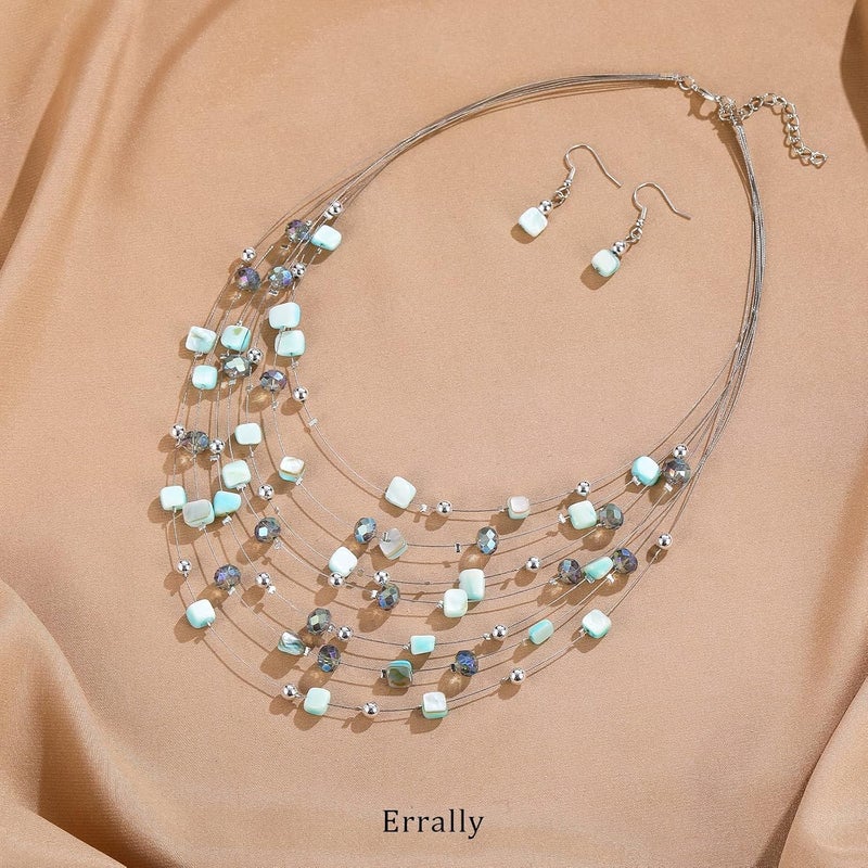 Errally Store Multi-Layer Boho Shell Beaded Necklace for Women Colorful Crystal Strand with Silver Beads Statement Collars Necklace and Earrings Costumes Jewelry Sets for Women - Image 2